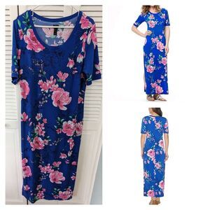 G.I.L.I. Dress Womens sz L Side-slit Lined Kaftan Shift Maxi Blue/Pink Floral